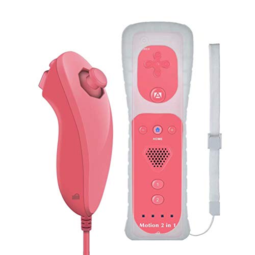 GN-010RN Built-in Motion Plus Wireless Remote and Nunchuck Controller with Silicone Case & Wrist Strap for Nintendo Wii and Wii U (Hot Pink)