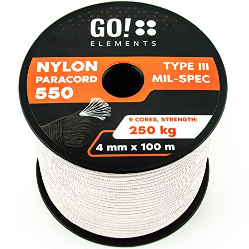 GO!elements 100m Paracord de Nylon a Prueba de desgarros - 4mm Paracord 550 Typo III Cuerda - Adecuado como Cuerda Yute & Cuerda Gruesa | MAX. 250kg, Color:Blanco