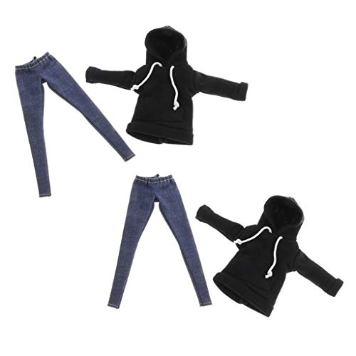 Harilla Lotes de 2 Sudaderas con Capucha BJD Negras con Pantalones Vaqueros para Trajes de Vestir de 1/6 SD