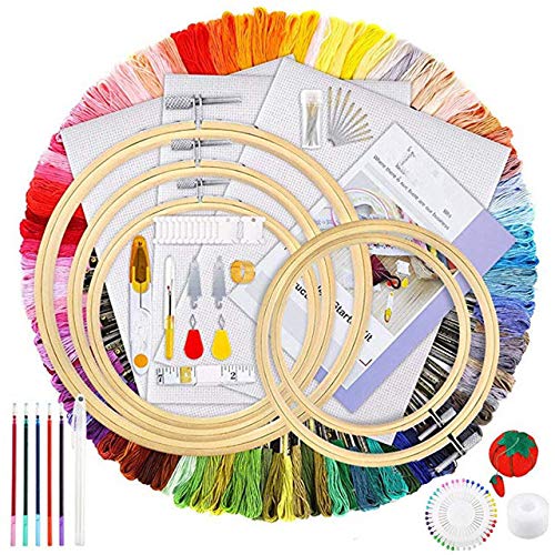 Hilos de Bordar Kit,Kit de Inicio de Bordado Kit,Kits de Punto de Cruz,100 Colores Hilos,5 Pcs Aros de Bambú,3 Telas de Punto de Cruz,Agujas y Accesorios Completos Herramienta de Coser Manualidades