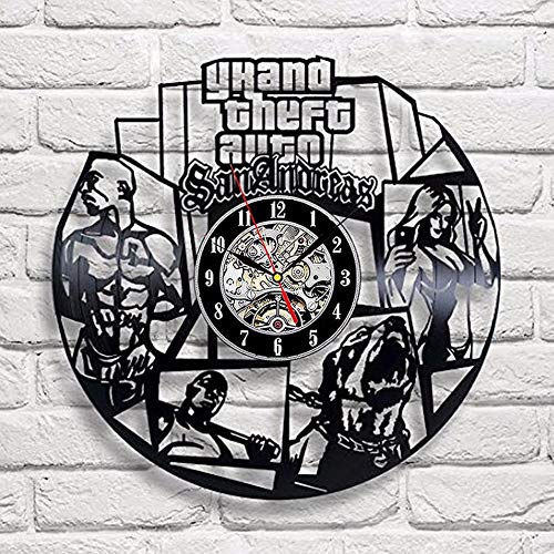 hniekhngwut Grand Theft Auto SanAndreas Juego Disco de Vinilo Reloj de Pared Vinilo Retro Hueco Personalidad Reloj de Pared