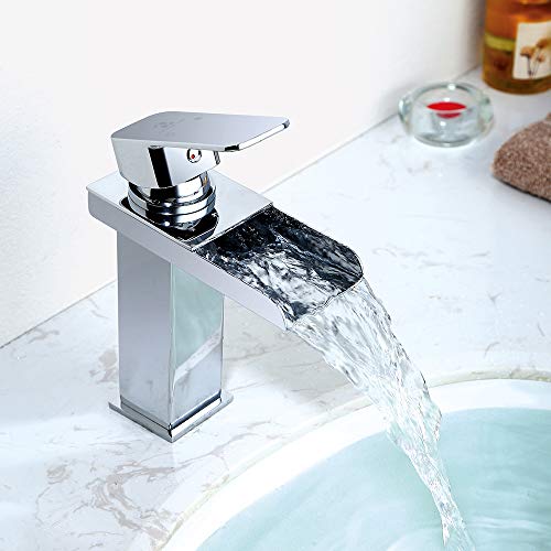 HOMELODY Grifo de Lavabo Cascada Grifo para Baño Grifo Monomando Cuadrado Grifo de Cuenca Mezclador Agua Fría y Caliente Grifo Cromado