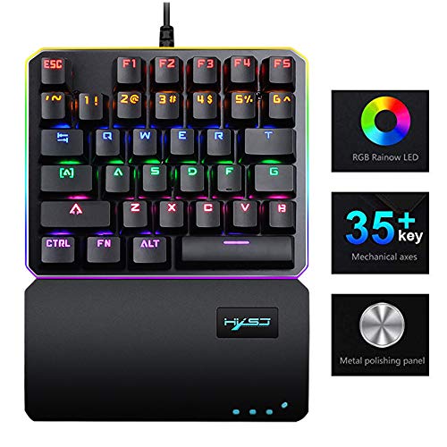 Hoopond Teclado para videojuegos con una sola mano, reposamanos ancho con 35 teclas, pequeño teclado mecánico con una sola mano, retroiluminación de colores (teclado con una mano)