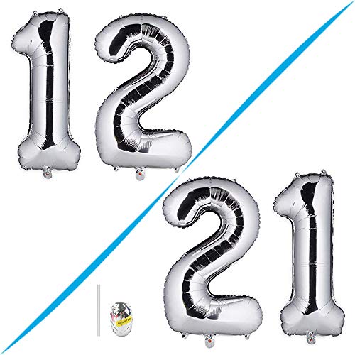 Huture 2 Globos Número 12 Figuras Globo Inflable de Helio Globos Grandes de Aluminio Mylar Globos Gigantes de Plata Número de Globos de 40 Pulgadas para Fiesta de Cumpleaños Decoración XXL 100cm …