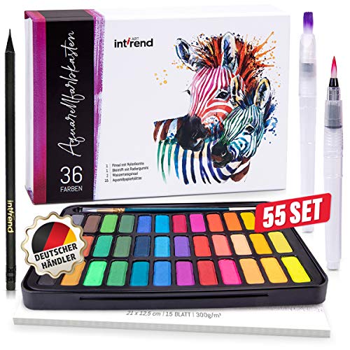 int!rend Acuarelas Profesionales | Set de Pinturas Acuarelas Compuesto por 36 Colores Brillantes, 2 Pinceles Acuarelas, Pincel Nylon, un lápiz y 15 Hojas de Papel Acuarela