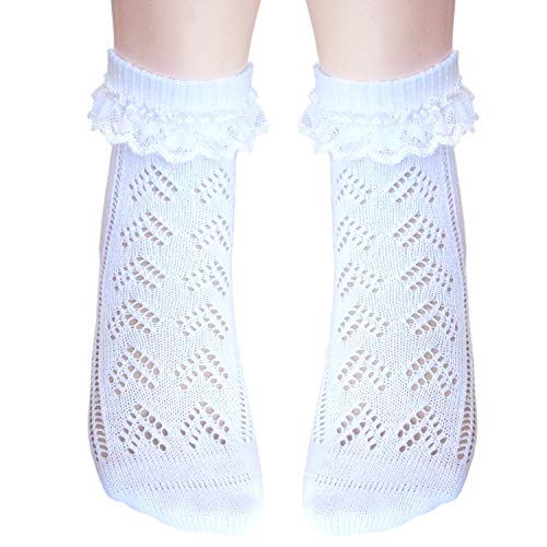 JHosiery 3-14 Años Niña Pointelle Calcetines Tobilleros de algodón Con Mínima Punta Costura_Talla L_2 pares blanco con encaje