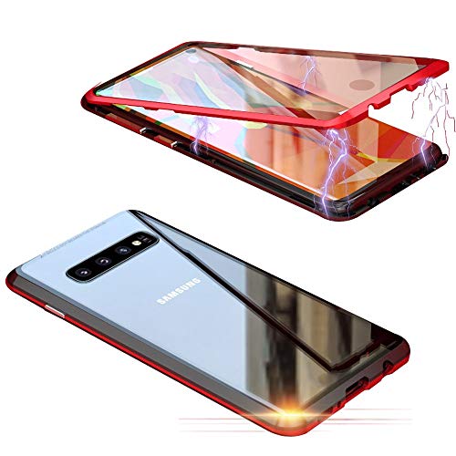 Jonwelsy Funda para Samsung Galaxy S10 Plus (6,4 Pulgada), 360 Grados Delantera y Trasera de Transparente Vidrio Templado Case Cover, Fuerte Tecnología de Adsorción Magnética Metal Bumper Cubierta