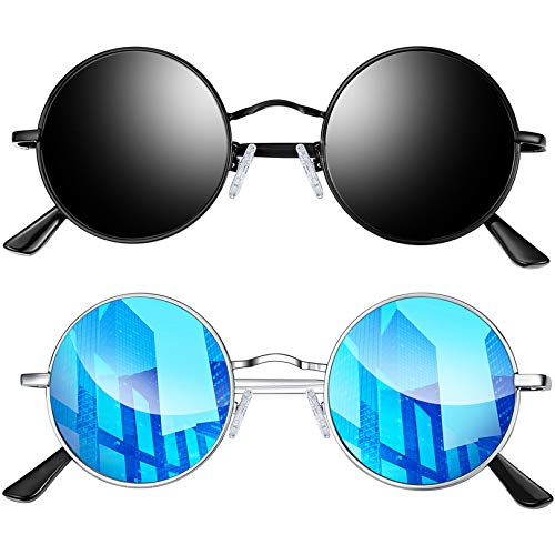 Joopin Redondas Gafas de sol Polarizadas Retro Vintage John Lennon Círculo Metálico Hippie Steampunk para Hombres y Mujeres 2PCS (Negro+Azul)