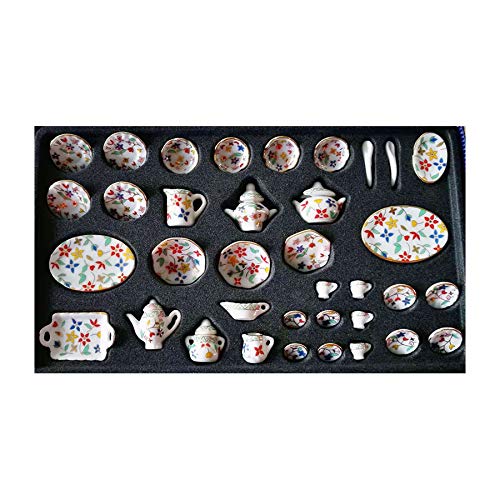 K-ONE Lotes 36 Piezas casa de muñecas en Miniatura vajilla de Comedor Juego de té de Porcelana Plato Taza Plato Flor Dc011