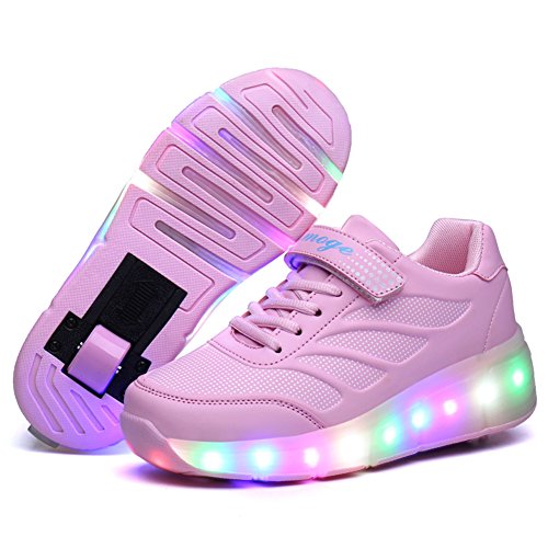 KCHKUIUK Cambio de 7 colores llevó Patín de ruedas zapatos con una sola rueda automática retráctil Skateboarding Técnica de zapatos para Unisex-niños 9 Reino Unido Reduzca Niño Rosado