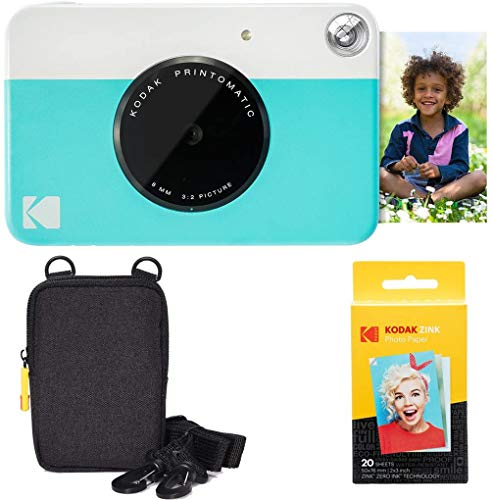 KODAK: Paquete básico de cámara instantánea Printomatic (Azul) + Papel Zink (20 Hojas) + Funda cómoda Correa para el Cuello.