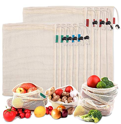 Kupton Bolsas de Comida para Fruta,Juguetes y Libros-Bolsas de Comestibles Hechas de Algodón Orgánico para una Compra sin Residuos-Ligeras,con Cordón,Puntada Doble y Etiqueta de Tara-10Bolsa