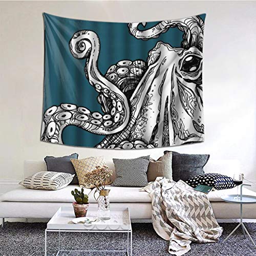 LASINSU Tapiz de Regalo,Vintage Sea Monster Cool Octopus Tentacles Dibujo Abstracto Arte Negro Blanco Azul,Tapiz Bohemio diseño para Colgar en la Pared,Sala de Estar Dormitorio