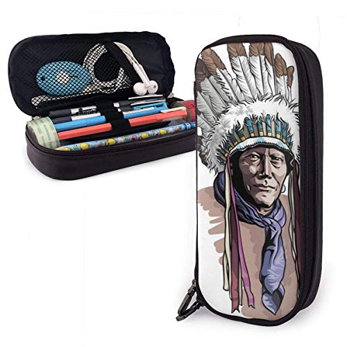 Lsjuee Apache Hombre con un tocado de jefe indio Estuche para lápices de cuero con cremallera, 8 x 3,5 x 1,5 pulgadas Microfibra de cuero PU Papelería Suministros de arte Oficina universitaria Portal