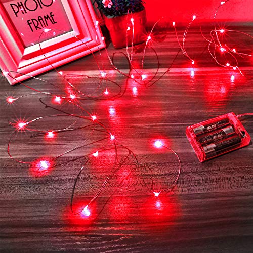 Luces Led a Pilas, Ariceleo 2 Piezas 5 Metros 50 LED Mini LÁMpara Alambre de Cobre Guirnalda Cadena Luces de Navidad con Pilas para Casa Dormitorio Navidad Fiestas Boda DecoraciÓN(Rojo)