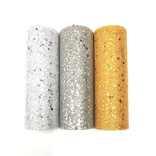 Lvjkes Rollo de Tul Brillante, Tela de Tul con Lentejuelas, 3 Rollos Organza para el camino de mesa, silla, fajín, lazo, mascota, tutú, falda, costura, artesanía, decoración (15CMx10 yardas/rollo)