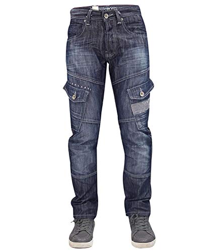 Men Designer New Crosshatch Sandblast Denim Button Fly Regular Fit Cargo Jeans