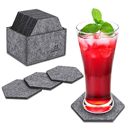 MENNYO Posavasos Originales, Juego de 14 Posavasos de Fieltro con Caja, Posavasos Hexágono para Regalo Protección de Mesa,Coasters para Bebidas frías y Calientes, Café, Vasos, Tazas, Gris