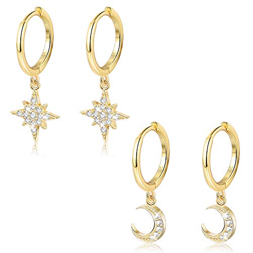 Milacolato 2 Pares de Plata de Ley 925 Moon Star Cuelga el Pendiente de Aro CZ Drop Huggie Cartilage Cute Earring Set para Mujer