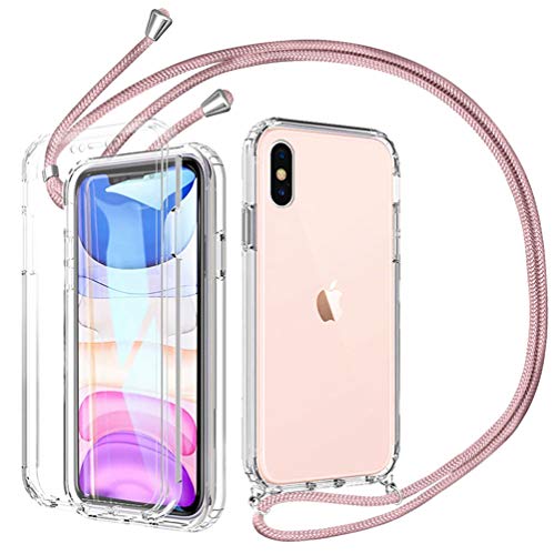 Mkej 3 en 1 Funda Colgante movil con Cuerda para iPhone X/XS Doble Cara Carcasa Móvil de Protección 360 Grados, Protectora con Protector de Pantalla Integrado con Correa Colgante