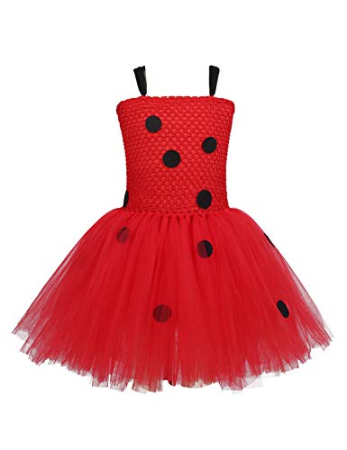 MSemis Vestido Tutú Disfraz Mariquita para Niñas Vestido Rojo Lunares de Mariquita Vestido Princesa Cumpleaños Traje Cosplay Fiesta Danza Actuación Rojo 7-8 Años