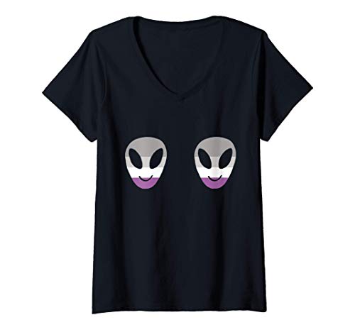 Mujer Asexual Alien Boobs LGBTQIA Aesthetic Ace Pride Flag Space Camiseta Cuello V