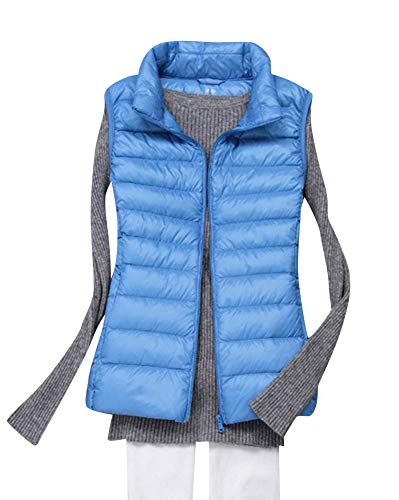 Mujer Collar de pie Chaleco Portátil de Plumón Ligero Acolchado Invierno Cálido Sin Mangas Abajo Chaqueta M Cielo Azul