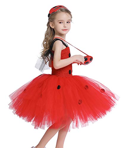 MYRISAM Disfraz de Ladybug para Niña Halloween Dress Up Cosplay Vestido Tutú de Mariquita + Máscara de Ojos + Yo-Yo Bolsa Niños 3Pcs Trajes de Partido Carnaval Cumpleaños Navidad 5-6 años