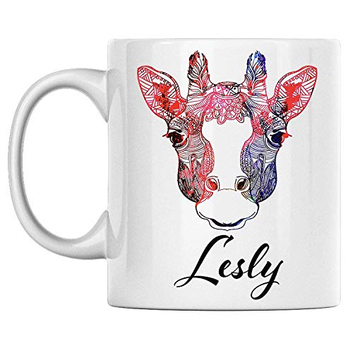 N\A Taza de Jirafa Personal con Nombre Lesly, Taza de café de cerámica Blanca Impresa en Ambos Lados, cumpleaños para él, Ella, niño, niña, Esposo, Esposa, Hombres y Mujeres