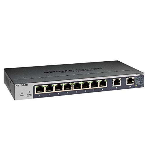 Netgear GS110EMX-100PES - Switch de Red Smart Plus gestionable (8 Puertos Gigabit y 2 Puertos 10G/MultiGigabit con Montaje en Pared o Bastidor, sin Ventilador)