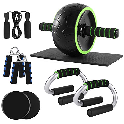 Odoland 6-en-1 AB Roller Set Incl. Rodillo Abdominal Grande, 2 Manijas Fexibles, Cuerda Saltar, 2 Pinzas para Mano, 2 Discos Deslizantes, Almohadilla para Rodilla - Juego de Entrenamiento Físico