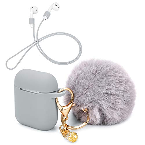 OOTSR Funda Protectora con Lindo Llavero Pompom Ball, Compatible con Apple AirPods Estuche de Carga, Cubierta Protectora de Silicona y Correa Anti-perdida para Apple AirPods como Regalos(Gris)