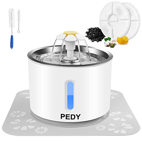 pedy Bebedero Gatos, Fuente para Gatos con Ventana de Nivel Agua, Bebedero Automático Fuente de Agua para Gatos Perros con 2 Filtros de Carbón Activado Luz LED 1 Alfombrilla Silicona 2 Cepillos, 2,4L