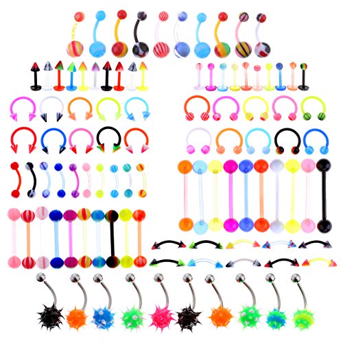 PiercingJ Juego de Piercings, 100 unidades, silicona UV, acero inoxidable, incluye barras, bananas, aros, etc., para el ombligo, las cejas, la lengua, los labios, la oreja, la nariz, multicolor, con estuche #1