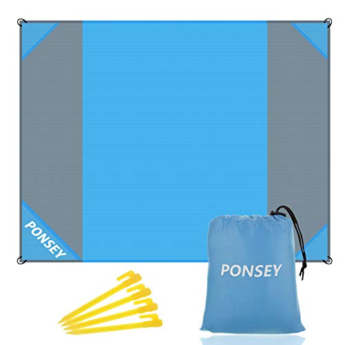 Ponsey Alfombra de Playa, Manta de Picnic Impermeable Manta 200 x 200 cm Anti Arena Portátil Manta con 4 Estaca Fijo para la Playa, Acampar, Picnic y Otra Actividad