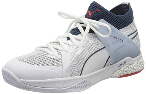 PUMA Explode Eh 1, Botas de fútbol Unisex-Adulto, Blanco White/Dark Denim/High Risk Red/Glacier Gray 01, 45 EU