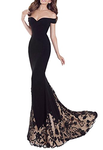 Queen Diana Mujer Fuera del Hombro Maxi Largo Noche Paseo Vestir Bordado Sirena Fiesta Formal Cóctel Vestidos (Negro, Small)