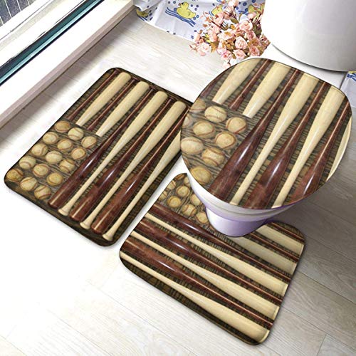 RedBeans Juego de 3 alfombrillas de baño antideslizantes de franela, juego de alfombrillas de baño de madera vintage, incluye alfombrilla de baño suave y funda para asiento de inodoro