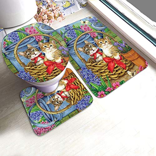 RedBeans Juego de 3 alfombrillas de baño antideslizantes de franela, juego de alfombrillas de baño, diseño vintage con gatito, incluye alfombrilla de baño suave y funda para asiento de inodoro.