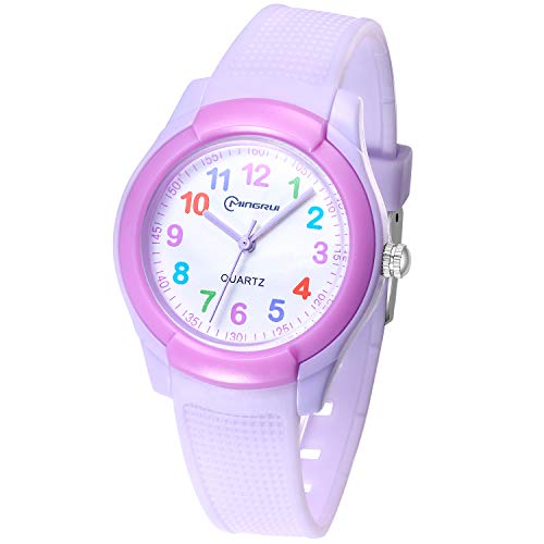 Relojes Analógicos para Niñas,Niños Impermeable Fácil de Leer Relojes de Pulsera con Correa Suave para Niñas (Número del Color-Púrpura)