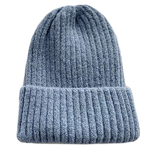 RK-HYTQWR Gorro Unisex de Punto Acanalado de Invierno, Color Caramelo sólido, Gorro de Calavera con puños cálidos, Azul Cielo, Gorro de Lana de Color Puro, Azul Cielo