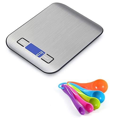 Self Ideas Bascula Digital de Cocina de Alta Precision con Cucharas Medidoras de Regalo. Balanza de cocina en gramos hasta 5 kg. Utensilios de Repostería. Pilas AAA incluidas.