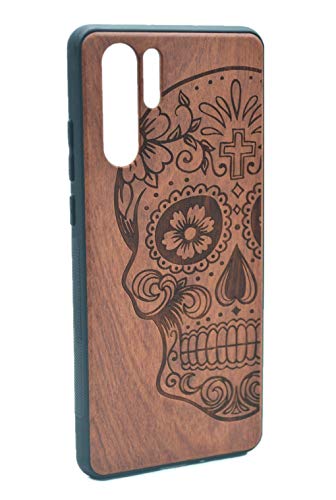 Shogpon Funda para Huawei P30 Pro, Elegante Talla de Natural Madera Hecha a Mano de Madera Carcasa Case Cover Protectora con Diseño Antideslizante a Prueba de Golpes TPU - Cráneo de Palisandro