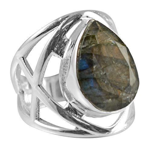 Silver Palace Anillo de plata de ley 925 con piedra de labradorita natural, con signo de cruz, diseño de lágrima hueca, para mujeres y niñas