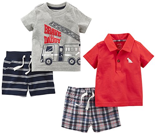 Simple Joys by Carter's - Juego de ropa de juego para niños (4 piezas) ,Red Plaid/Fire Truck/Blue Stripe ,24 Months