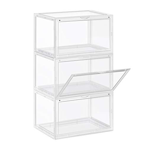 SONGMICS Cajas de Zapatos, Paquete de 3 Organizadores de Zapatos Apilables con Puerta Transparente, Zapatería de Plástico, Talla 46, 36 x 28 x 22 cm, Transparente LSP03CW