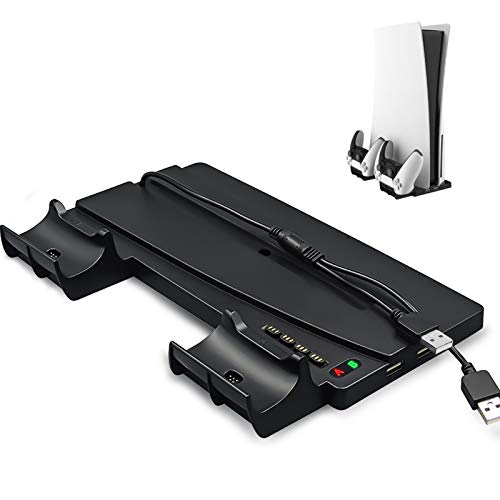 Soporte vertical para Playstation 5 / PS5 con indicador LED, estaciones de llenado de controlador dual, 4 terminales de adaptador de llenado y 2 puertos USB para PS5 / PS5 Edición digital