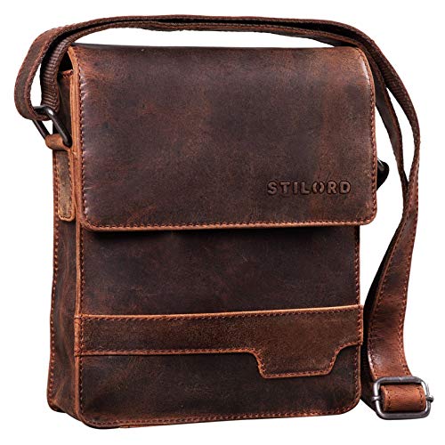 STILORD 'Sven' Bolso Hombre Cuero Pequeño Piel Vintage para Hombres Bolsito Mensajero Bolsa de Hombro o Bandolera para DIN A5 o Tablet Cuero Auténtico, Color:Zamora - marrón