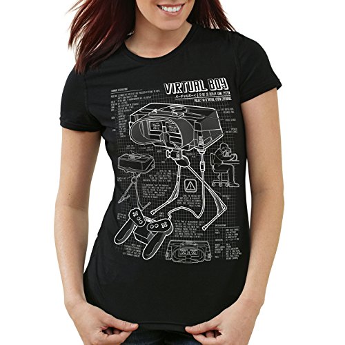 style3 Virtual Boy Cianotipo Camiseta para Mujer T-Shirt 32-bit videoconsola, Color:Negro, Talla:XS