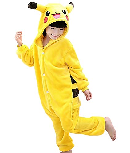 Talla 130-7/8 años - Disfraz - Pijama de una Pieza - Pikachu - Pokemon - niños - bebés - Disfraz - Carnaval - Halloween - Color Amarillo - Cosplay - Unisex - Idea de Regalo